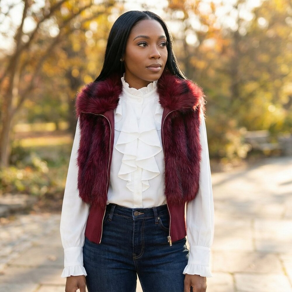 Burgundy Faux Fur Sleeveless Zip Jacket | High Collar Cropped Vest | XXL (14) - Picture 3 of 9